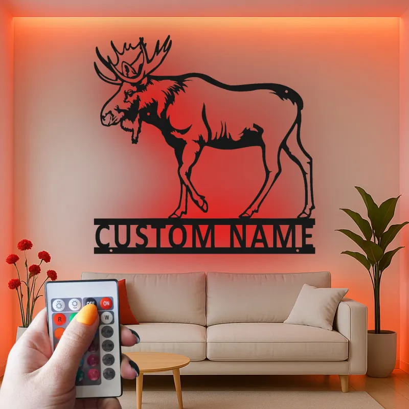 Cartel de metal personalizado de alce | Arte mural LED de vida salvaje | Decoración personalizada para cabañas y lodges para amante de la naturaleza