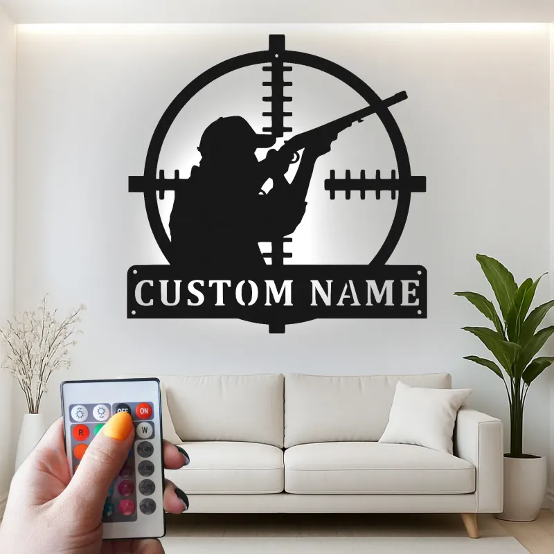 LED-Metallkunst mit Jägersilhouette | Personalisierte Schild für Zielfernrohre im Ferienhaus | Individuelles Geschenk für Jäger