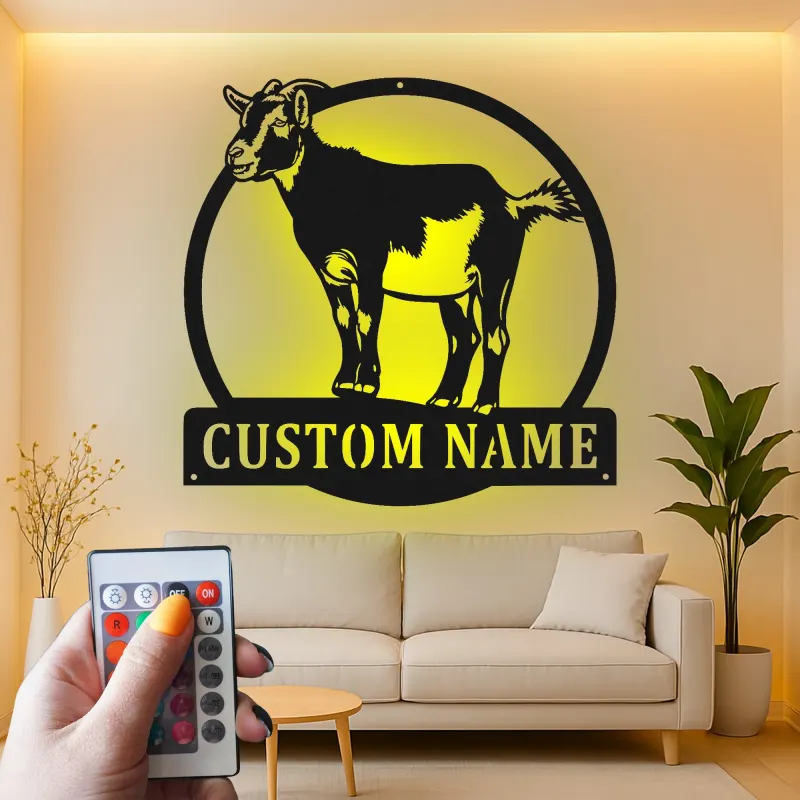Insegna LED personalizzata con capra | Arte murale in metallo personalizzata per farmhouse e fienile | Regalo per rancher