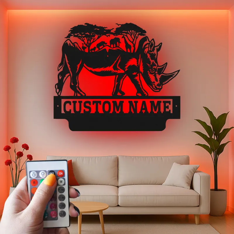 Custom Rhino Safari Led Light Metal Wall Art Personalized Wildlife Gift Living Room or Office Decor 1