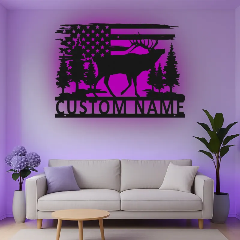 Insegna in metallo personalizzata con luce LED a forma di alce e bandiera americana, regalo per amanti della natura, decorazione per cabine rustiche