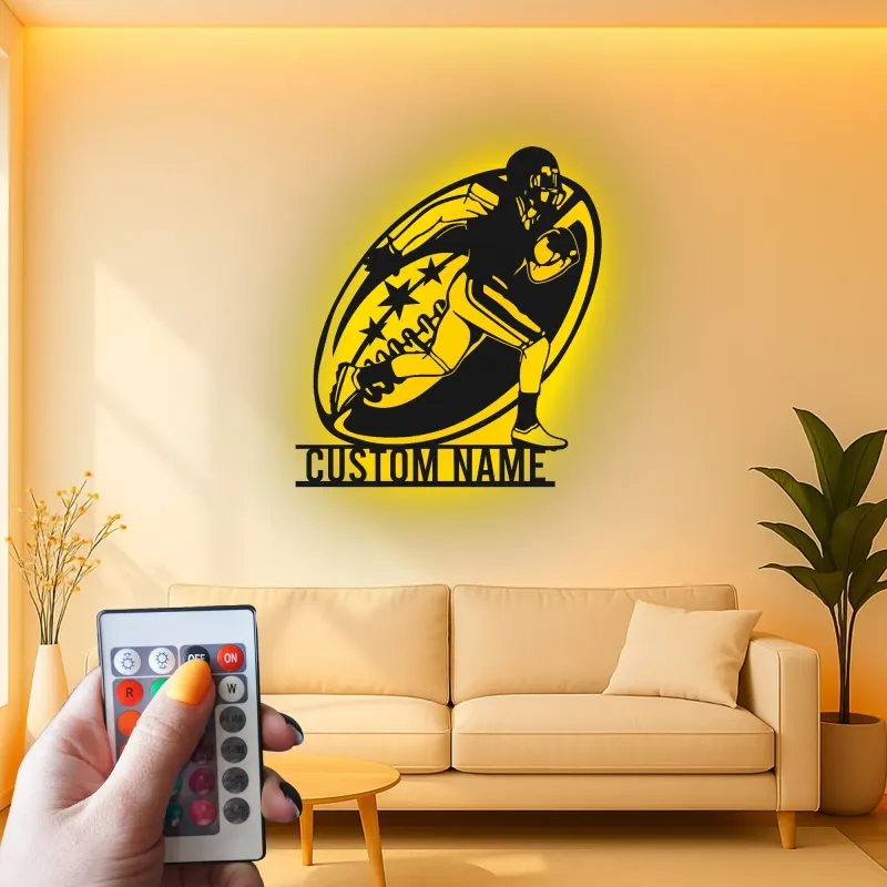 Insegna personalizzata con giocatore di football | Decorazione murale in metallo LED personalizzata | Arredo camera ragazzi e regalo per atleta | Luce sportiva per man cave