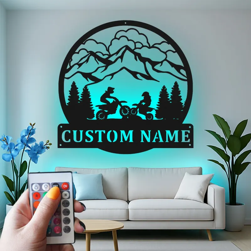 Custom Dirt Bike Mountain Scene Led Light Metal Wall Art Gift for Bikers Adventure Decor for Garage or Man Cave