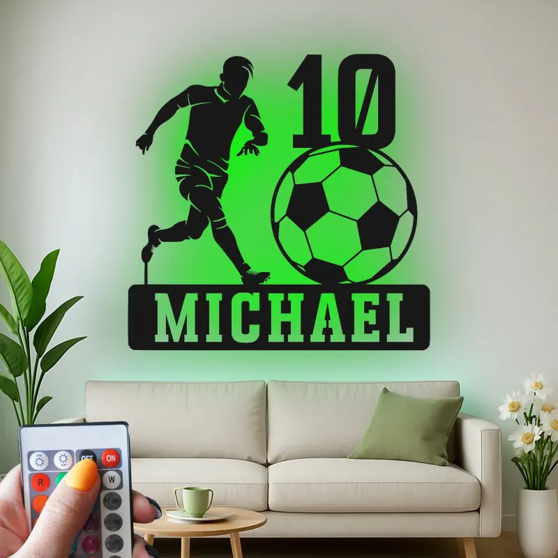 Personalized Soccer Player Light | Custom Metal Wall Art | LED Name Sign for Kids Room | Teen Athlete Gift