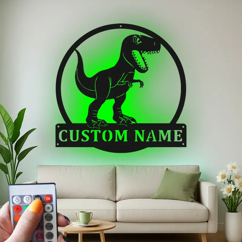 Cartel de metal personalizado de luz LED de dinosaurio T-Rex regalo personalizado para la habitación o sala de juegos de los niños 1