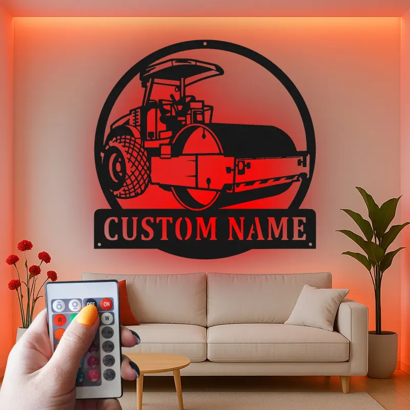Cartel de metal LED de rodillo de carretera | Decoración mural de vehículo de construcción personalizada | Regalo personalizado para operadores de garaje