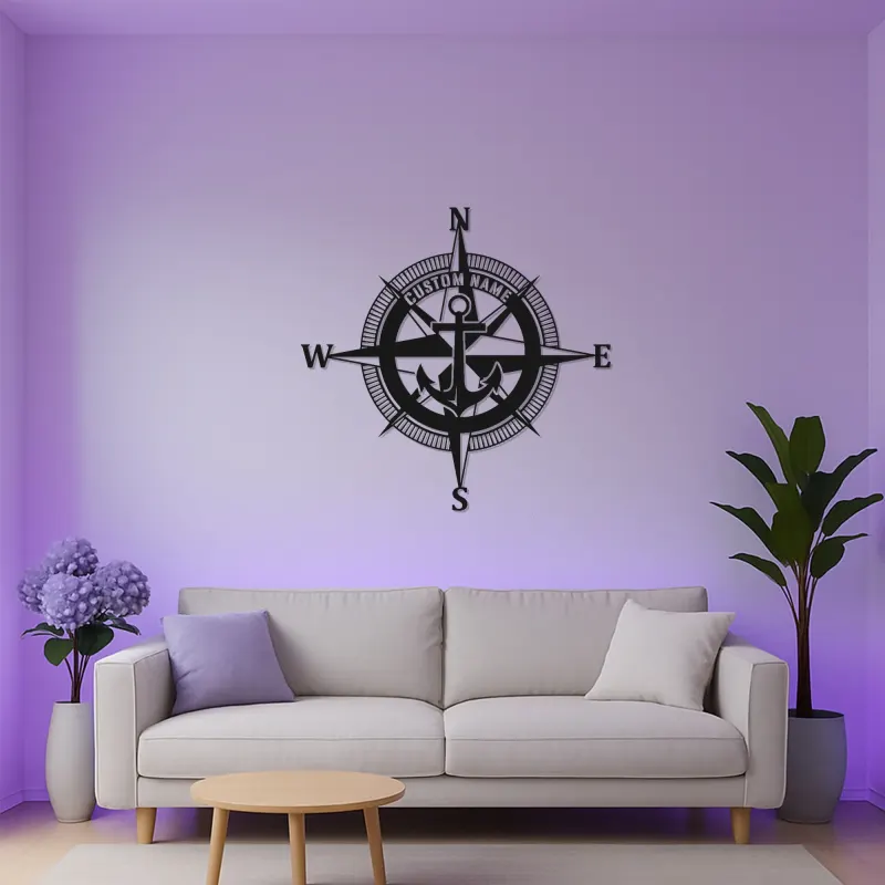 Insegna LED Personalizzata con Bussola Nautica | Insegna in Metallo con Ancora | Decorazione Costiera per Casa e Barca