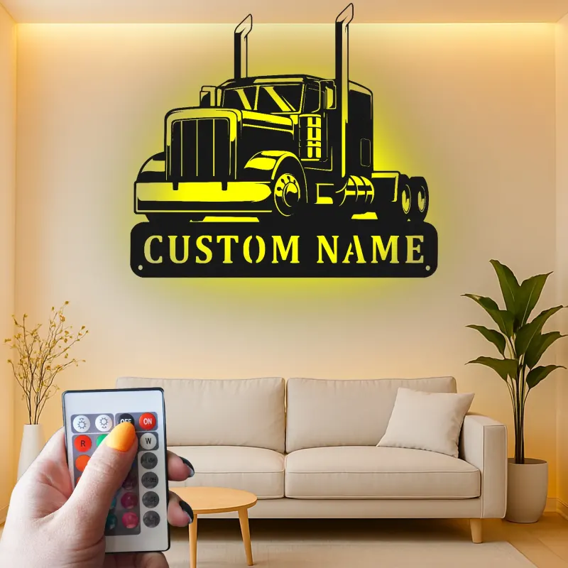 Personalisierte Semi-Truck LED-Schild | Individuelle Metall-Wandkunst für Garage | Big Rig Dekor für Trucker