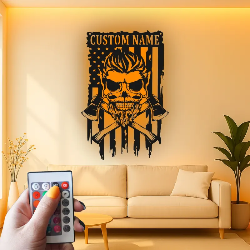 Insegna Personalizzata per Vigile del Fuoco | Arte in Metallo Teschio LED con Bandiera Americana | Regalo con Nome Personalizzato per Vigile del Fuoco | Decorazione Parete Man Cave e Garage
