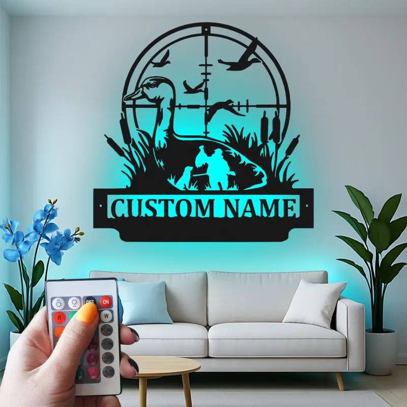 Personalisierte LED-Metall-Wandkunst mit Entenjagd – Geschenk für Jäger, Deko für Männerhöhle oder Ferienhaus