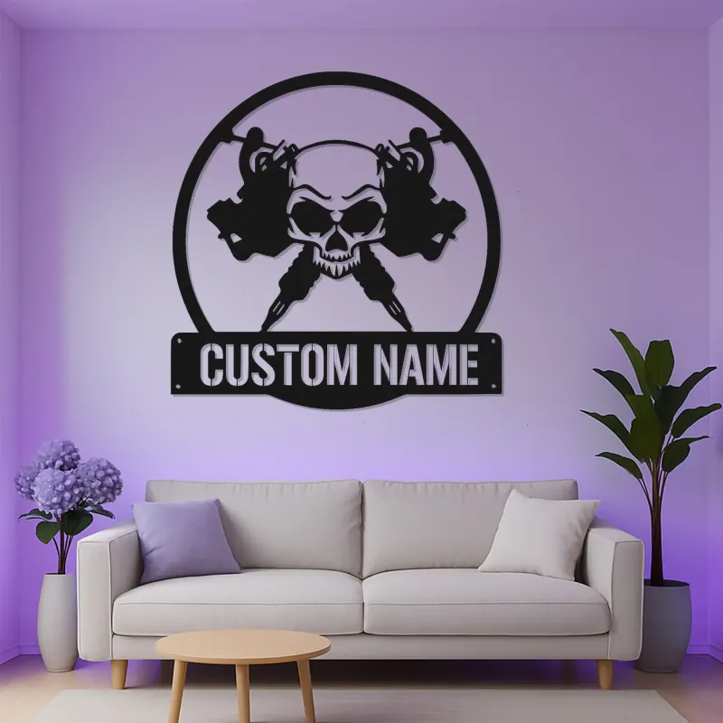 Personalisierte Skull LED-Leuchtschilder | Individuelles Metallschild für Tattoo-Studios | Edles Dekor für Tattoo-Studios und Künstlergeschenke
