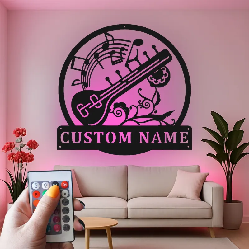 Panneau LED Sitar Personnalisé | Décoration murale en métal sur mesure pour studio de musique | Cadeau pour musicien | Décor d'instrument indien