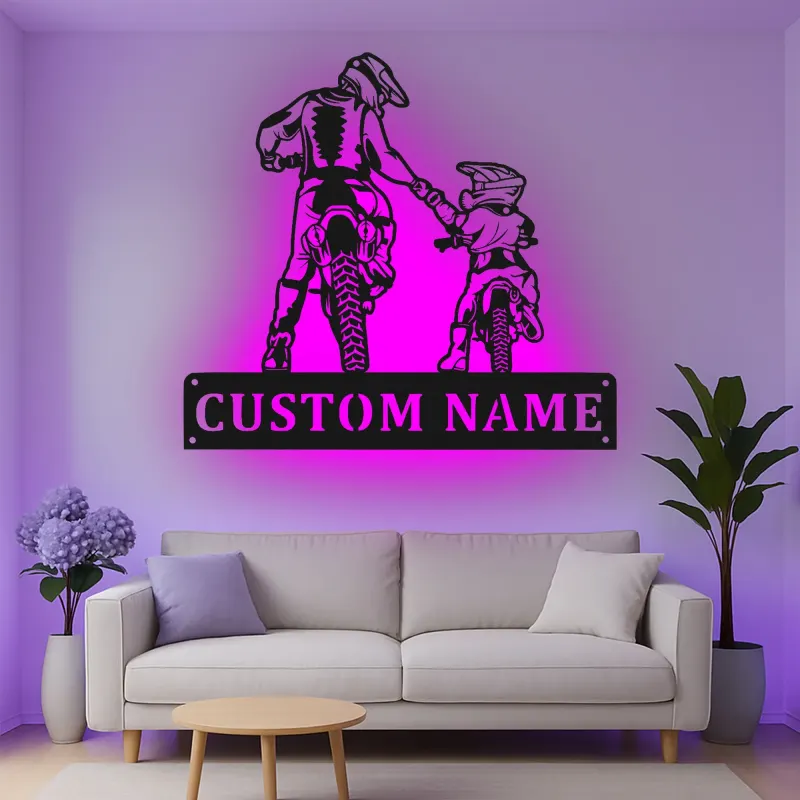 Cartel de metal personalizado con luz LED para padre e hijo motocross, regalo único para papá, decoración para garaje o man cave
