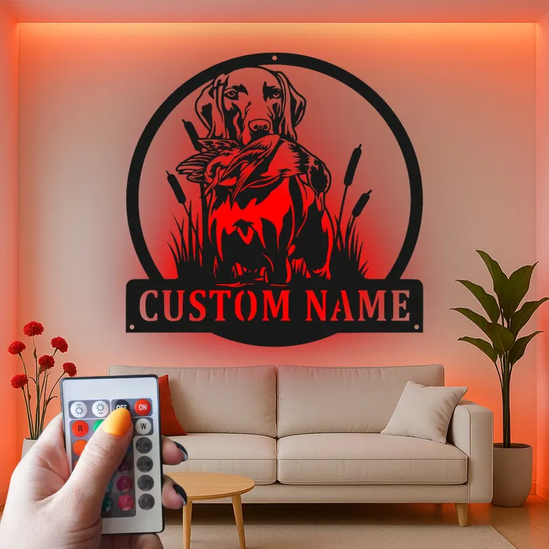 Panneau de chasse personnalisé Labrador Retriever | Décoration murale en métal rétroéclairée pour chasseurs | Décor de chasse au canard personnalisé