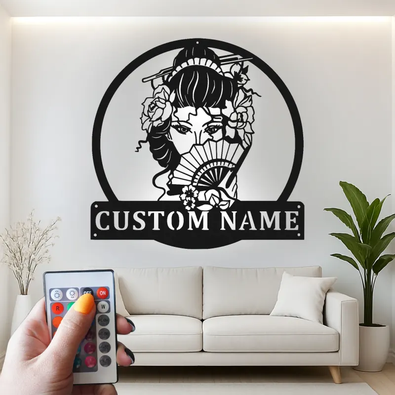 Cartel LED geisha personalizado | Decoración mural de metal japonesa personalizada | Decoración para salón y dormitorio zen