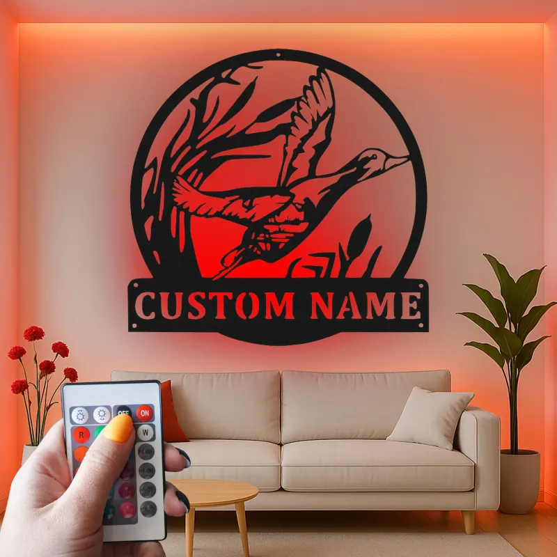 Cartel de metal LED personalizado de pato en vuelo regalo para cazadores decoración rústica de cabaña o refugio