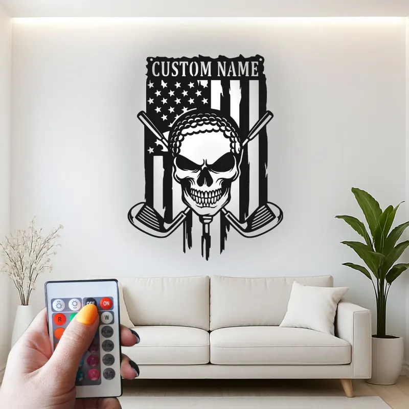 Insegna in metallo personalizzata con teschio da golf | Arte murale con luce LED | Decorazione da golf con nome personalizzato per man cave | Regalo per papà