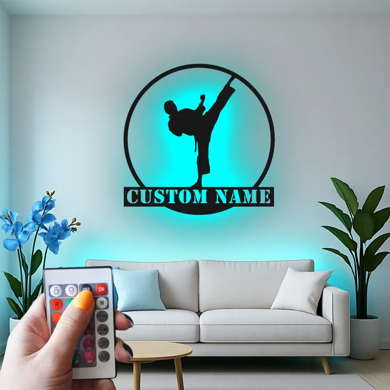 Personalized Karate Metal Sign | LED Backlit Martial Arts Wall Art | Custom Dojo Decor & Fighter Gift