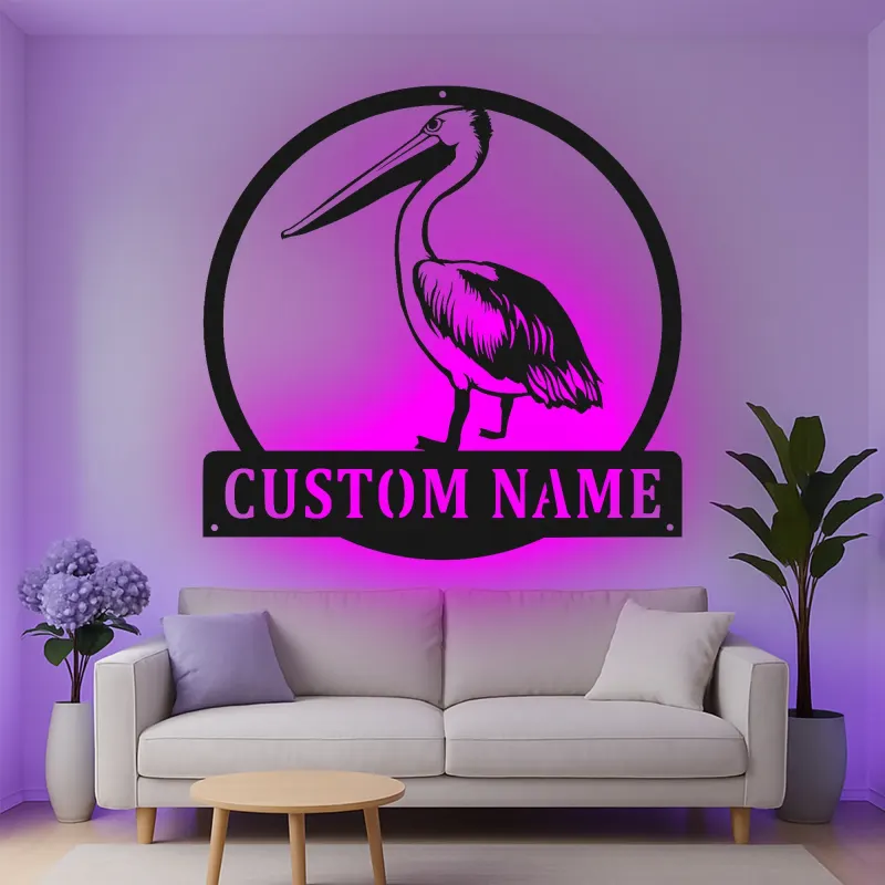 Cartel de metal LED personalizado de pelícano para regalo costero y decoración de casa de playa