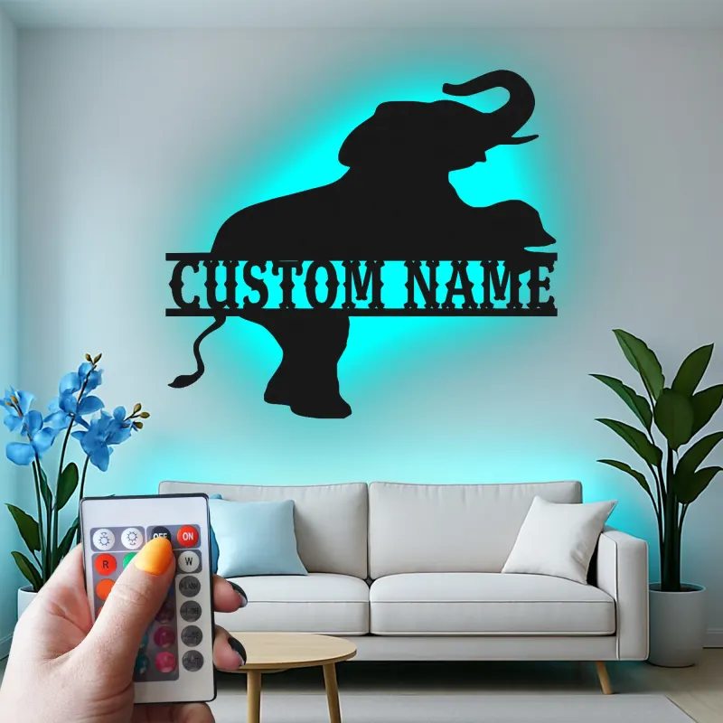 Custom Elephant Led Light Metal Wall Art Personalized Gift for Animal Lovers Nursery or Kids Room Decor 1