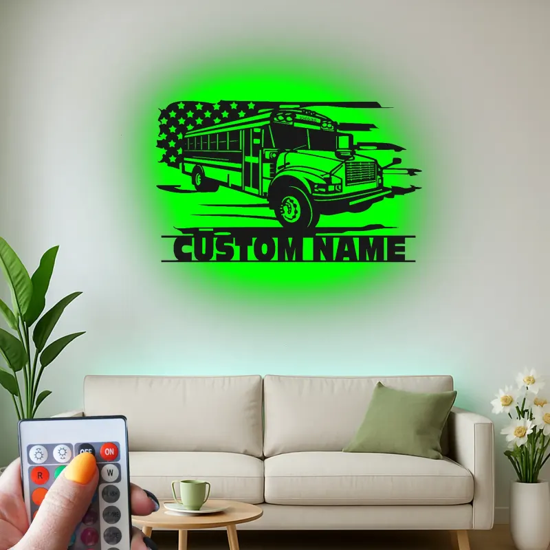Custom School Bus LED Sign | Metal Wall Art | Personalized Driver Gift | Patriotic Classroom Decor