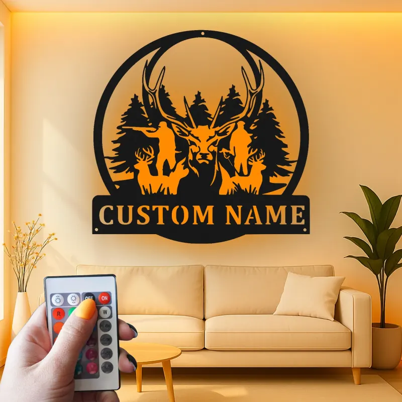 Personalisierte LED-Metall-Wandkunst für Hirschjäger – Geschenk für Outdoor-Fans, Deko für Hütte oder Man Cave
