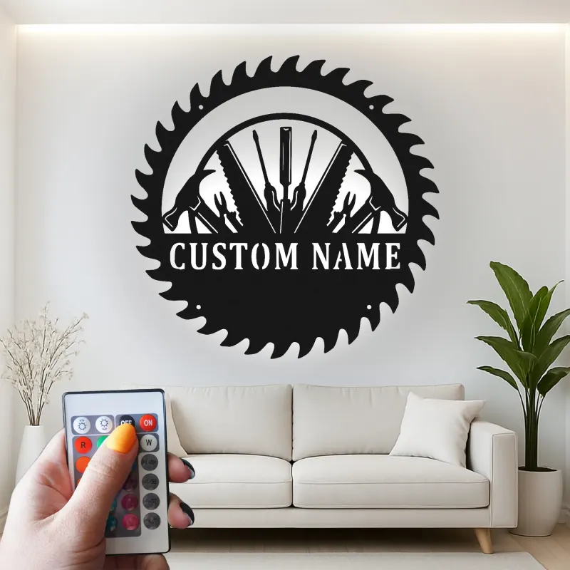 Décoration murale en métal personnalisée avec rétroéclairage LED en forme de lame de scie - Cadeau unique pour bricoleur, décoration de garage et d'atelier