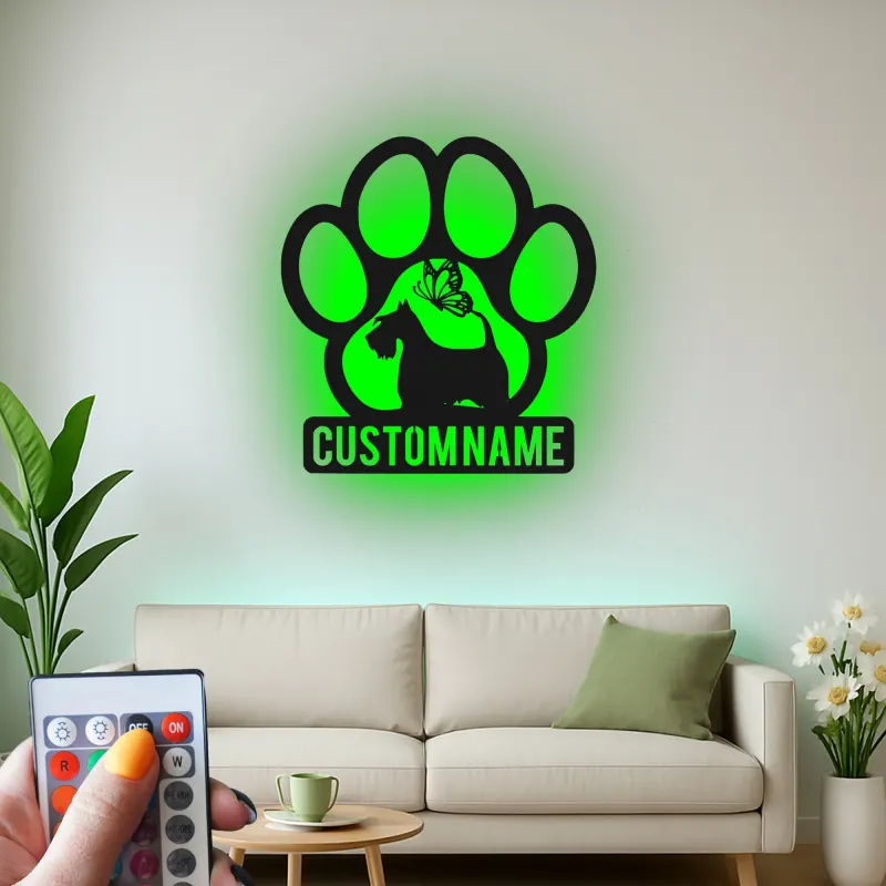 Décoration murale en métal personnalisée de patte de Scottish Terrier avec rétroéclairage LED - Cadeau pour les amoureux des chiens et décoration de salon