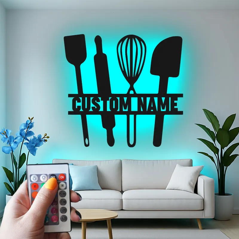 Insegna in metallo personalizzata con luce LED a forma di Utensili da Cucina - Regalo per Chef - Decorazione Moderna per Cucina
