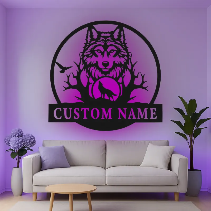 Cartel de metal LED de lobo personalizado regalo de vida salvaje para amantes de la naturaleza decoración de sala de estar rústica