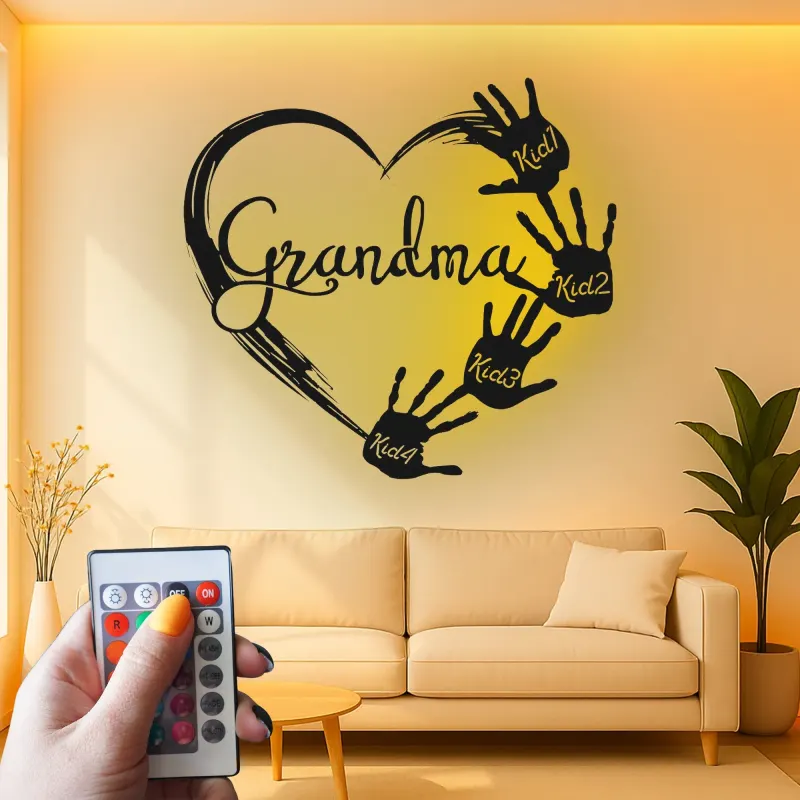 Cadeau LED personnalisé pour grand-mère | Décoration murale en métal sur mesure avec empreintes de mains des petits-enfants | Déco souvenir familiale