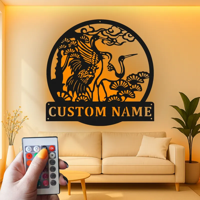 Custom Crane and Pine Led Light Metal Wall Art Personalized Nature Lover Gift Living Room or Garden Decor