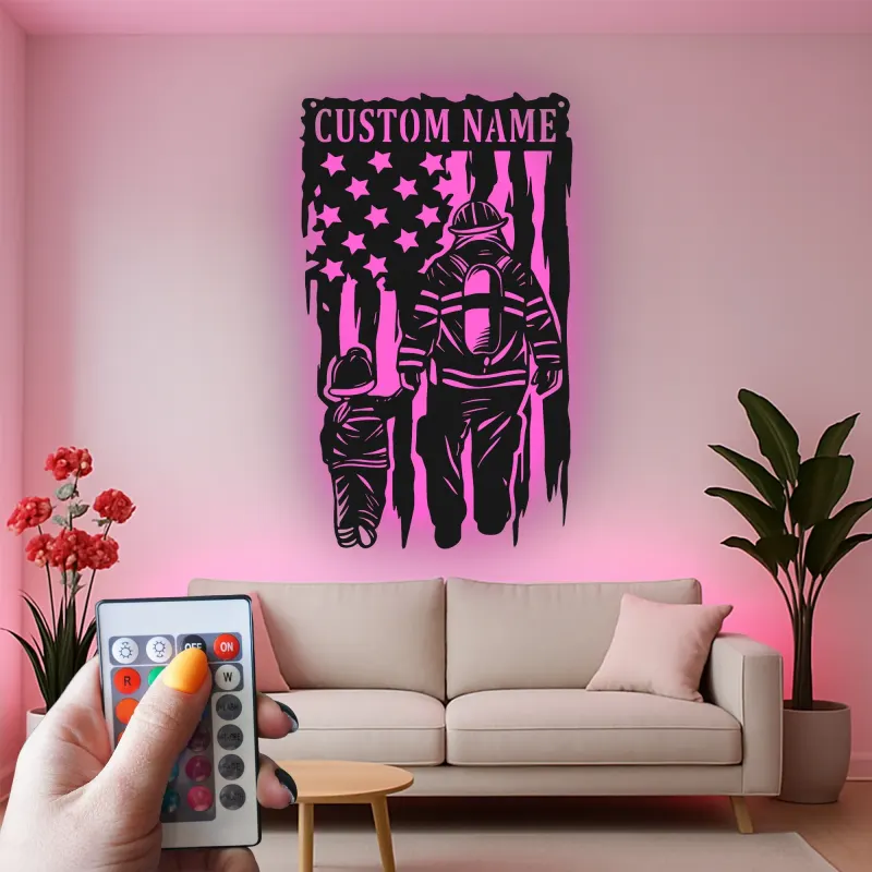 Cartel LED de Bombero Personalizado | Arte Mural de Metal Personalizado | Decoración Patriótica de Bombero para Papá | Regalo de Héroe Americano