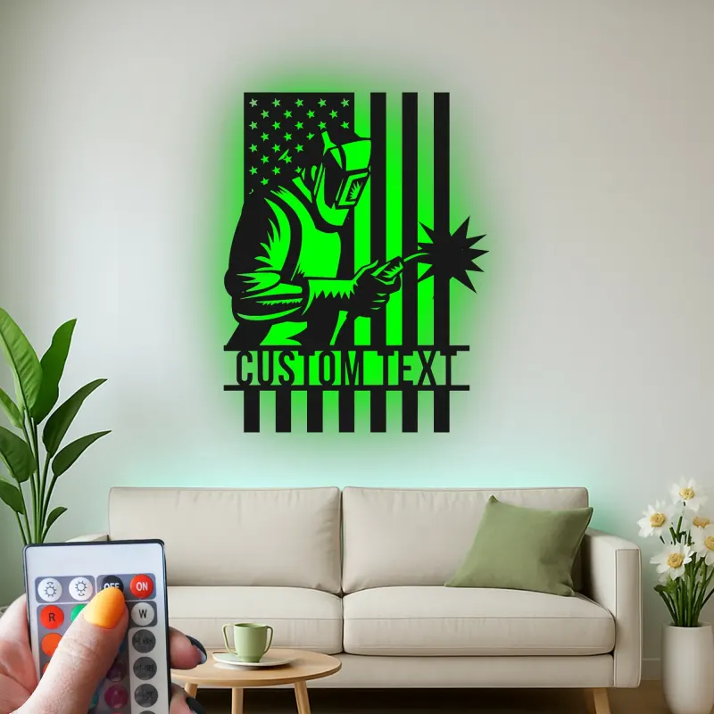 Insegna in metallo personalizzata con saldatore e bandiera americana retroilluminata, regalo personalizzato per decorare officine di saldatori