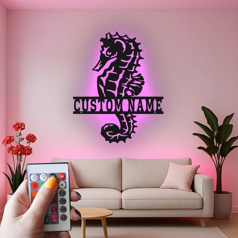 Cartel de metal personalizado de caballito de mar con LED | Arte mural náutico personalizado | Regalo de decoración para casa de playa y hogar costero
