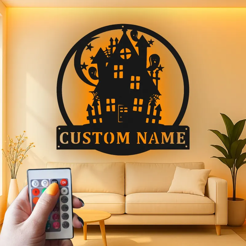 Letrero LED de casa encantada | Decoración mural de metal personalizada | Decoración de Halloween con apellido personalizado | Iluminación espeluznante para exterior y porche