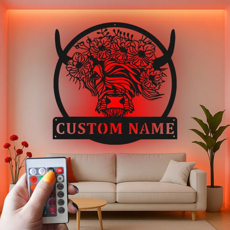 Custom Highland Cow LED Sign | Floral Metal Wall Art for Farmhouse Decor | Personalized Rustic Gift for Cow Lover