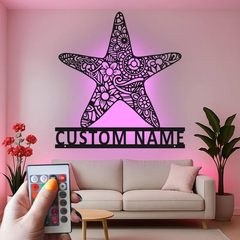 Personalized Starfish LED Sign | Custom Name Metal Wall Art | Ocean Inspired Decor for Beach House, Salon or Nursery