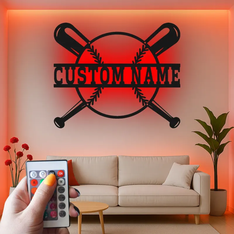 Insegna in metallo LED personalizzata con baseball - Regalo per appassionati di sport e decorazione per sala giochi
