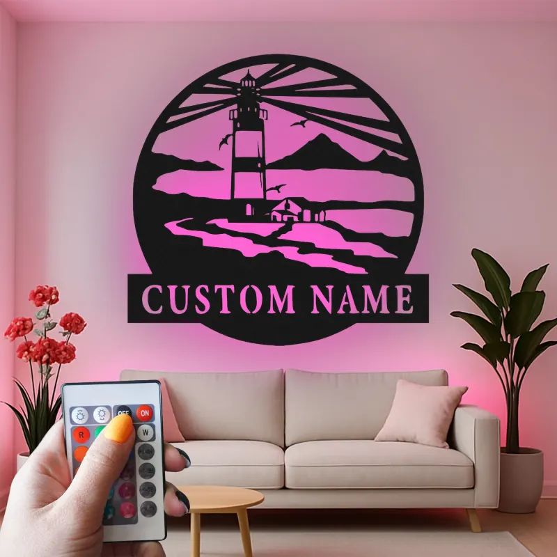 Décoration murale en métal personnalisée avec scène de phare et rétroéclairage pour les amoureux de la plage