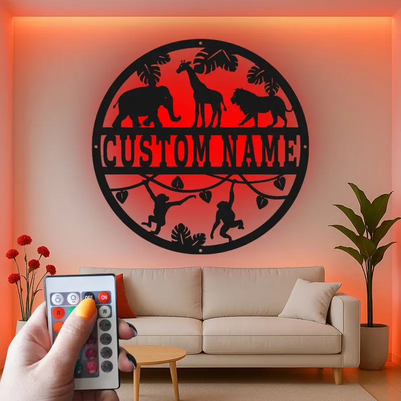 Insegna con Nome Safari Personalizzata | Arte da Parete in Metallo LED per Nursery | Decorazione per Stanza dei Bambini a Tema Giungla | Regalo per Baby Shower Personalizzato