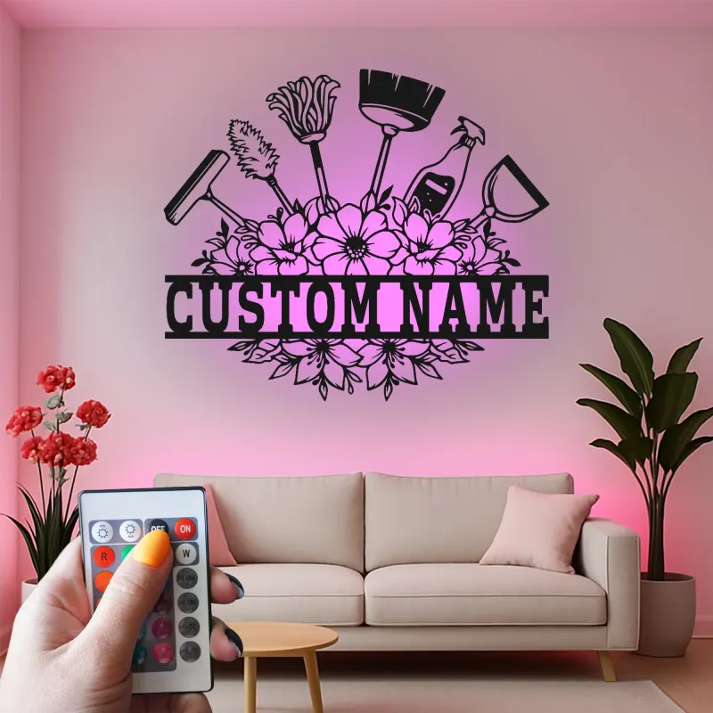 Custom Cleaning Tools Led Light Metal Wall Art Personalized Housewarming Gift Laundry Room Decor