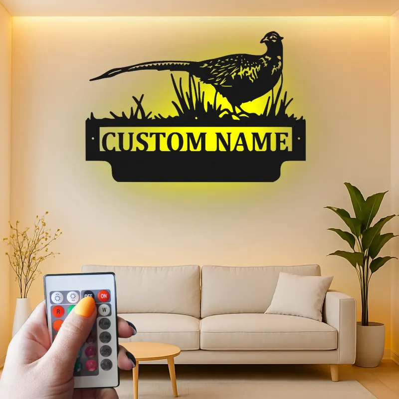Arte in Metallo Pheasant con LED | Regalo Personalizzato per Cacciatori | Insegna con Nome Personalizzato per Cabin e Lodge | Silhouette di Uccello Anatra