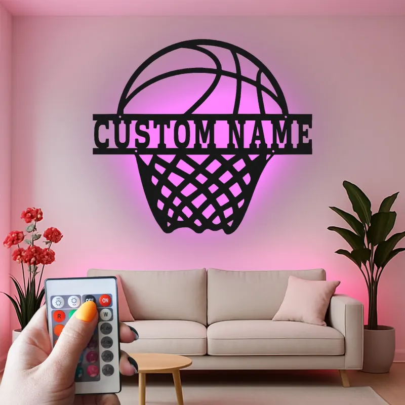 Cartel de metal personalizado de aro de baloncesto con luz LED, regalo deportivo personalizado para atletas, decoración para sala de juegos