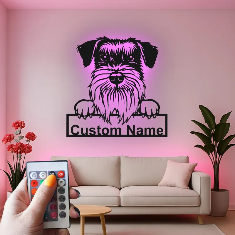 Insegna LED Schnauzer Personalizzata | Arte Murale in Metallo | Regalo per Amanti dei Cani, Decorazione Moderna per Casa e Clinica