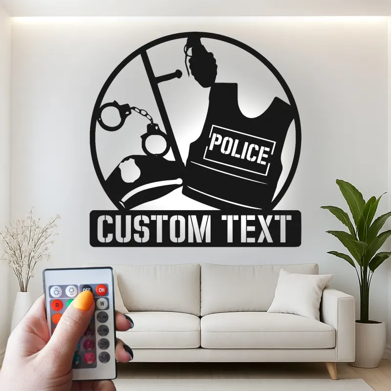 Personalized Police Gear Metal Sign | LED Law Enforcement Wall Art | Custom Officer Name Plaque | Cop Retirement & Academy Gift