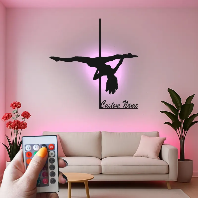 Custom Pole Dance Metal Sign | LED Name Art for Studio Decor | Personalized Dancer Gift | Gymnastics Wall Silhouette