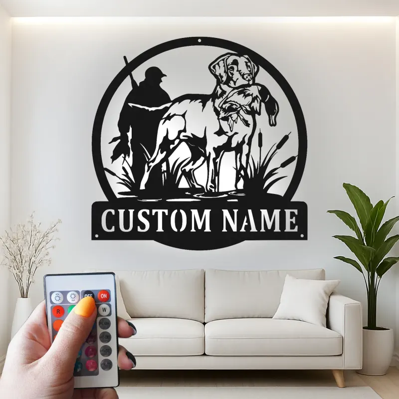 Insegna in metallo per cane da caccia con LED | Arte murale personalizzata per cacciatore e retriever | Regalo per amante della natura