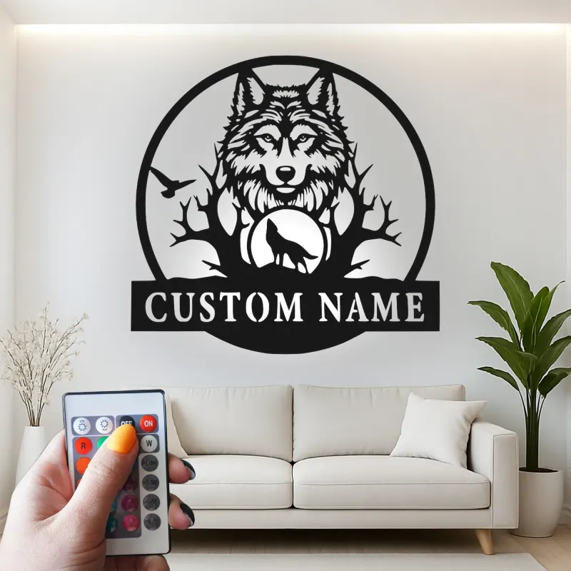 Cartel de metal LED de lobo personalizado regalo de vida salvaje para amantes de la naturaleza decoración de sala de estar rústica