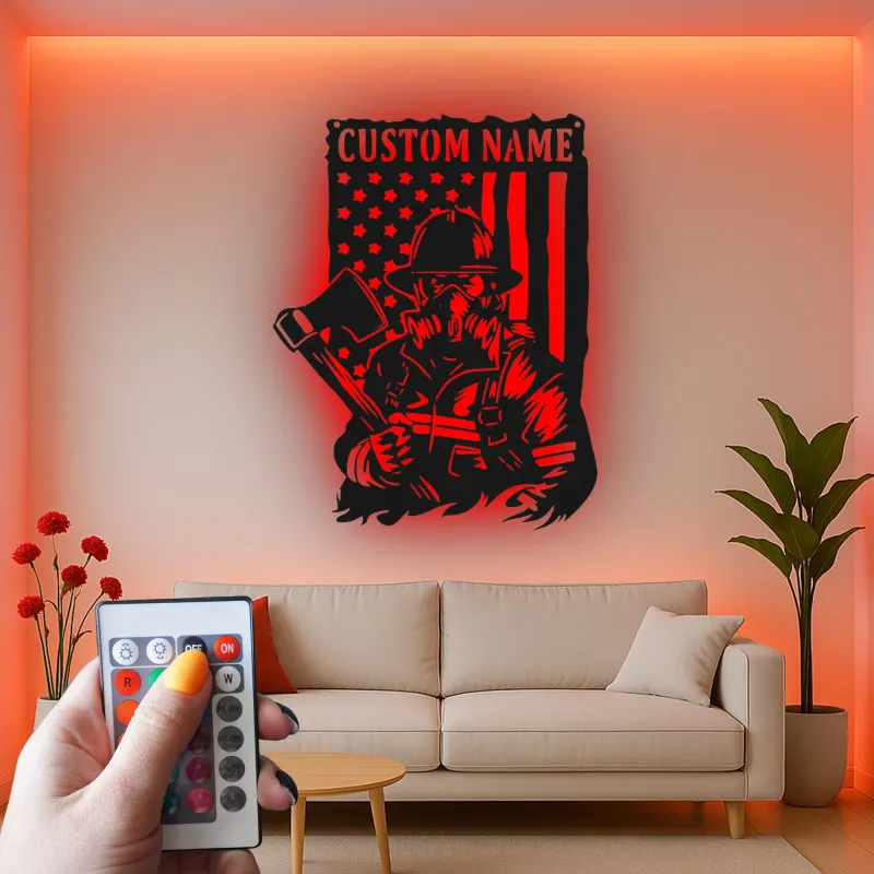 Individuelles Feuerwehr-LED-Schild | Personalisierte Metall-Wandkunst | Patriotisches Helden Geschenk für Ihn | Feuerwehrmann Wohnkultur